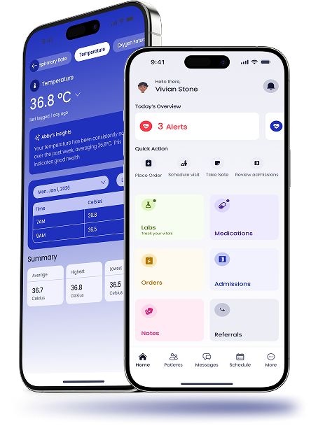 Physician Mobile on two iPhones showing patient dashboard and temperature tracking
