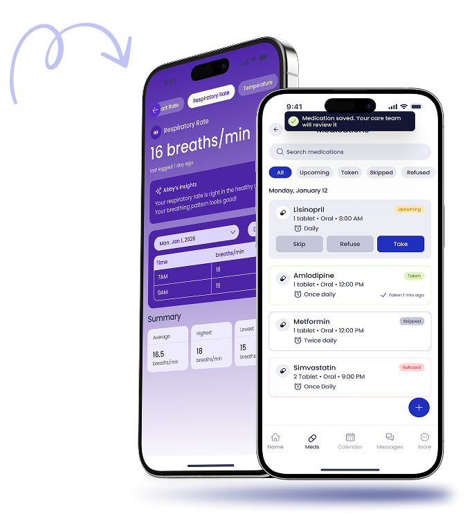 Patient Mobile app on iPhone showing medications and health tracking