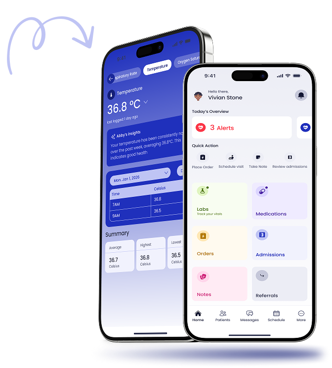 Physician Mobile app on iPhone showing patient dashboard and vitals