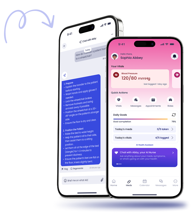 Caregiver Mobile app showing Abby chat and daily care dashboard