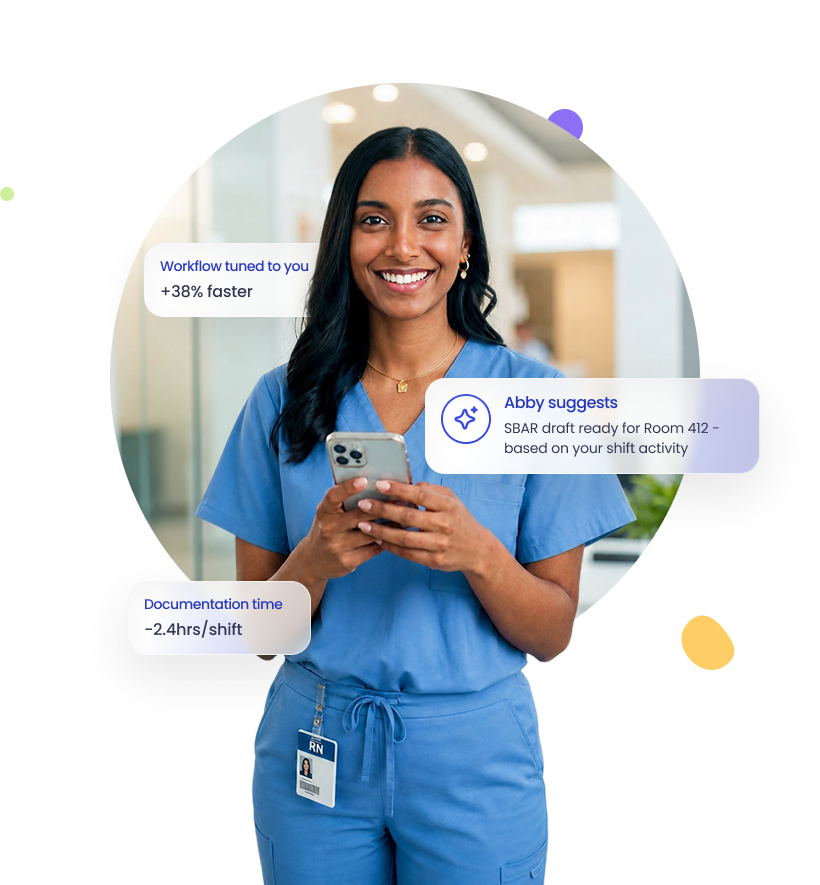 Nurse using MyNursePal on mobile with Abby AI workflow suggestions