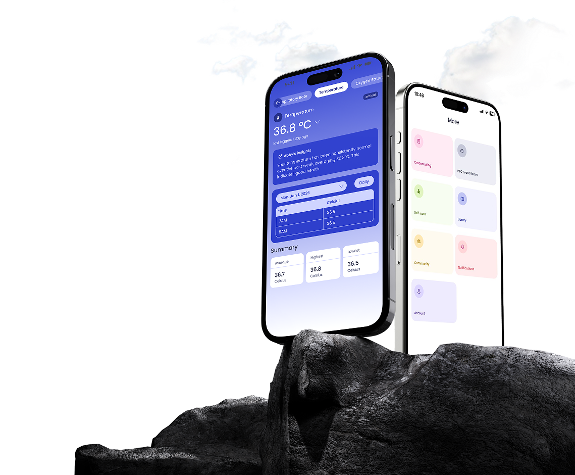 Nurse Mobile on iPhone showing temperature tracking and clinical menu